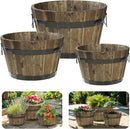 IDZO Set of 3 Wooden Flower Planters for Outdoor Plants, Acacia Wood Barrel Planters, Ergonomic Handles, Drainage Holes, Various Sizes, Walnut by GreenHaven Gardens