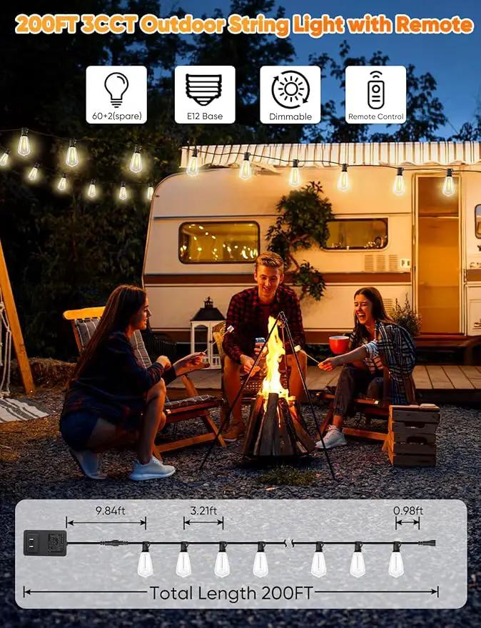 Brightever 200FT Outdoor String Lights with Remote, 2700K/4000K/5000K Selectable LED Patio Lights with 60+2 ST38 Vintage Edison Bulbs, 3 Lighting Modes, 3H/5H Timer, Dimmable String Light for Outside, photo 5 of 7