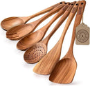 Boxiki Kitchen Luxury Teak Wood Utensil Set - Elegant 6-Piece Cooking Ensemble Including Spoons, Server, Scraper & Spatula - Expertly Crafted for Culinary Excellence by CozyNest Decor