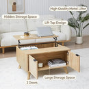 AVZEAR Wood Lift Top Coffee Table with Storage, Boho Modern Coffee Table with Nature Linen Doors & Large Hidden Storage, Rounded Corners Center Table Farmhouse Coffee Tables for Living Room, Natural by CozyNest Decor