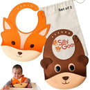 Silly Goose Set of 2 Silicone Animal Baby Bibs for Babies and Toddlers, Waterproof, Adjustable, Soft, Extra Wide Food Catcher Pocket (2PK Fox+Bear) by TinyTreasures Baby Boutique