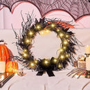 JORNOY 16inch LED Halloween Wreath with Battery Timer - Black Artificial Leaves&Silk Ribbon Decor Hanging for Front Door, Mantel, Porch, Wall, Party Decorations by CozyNest Decor