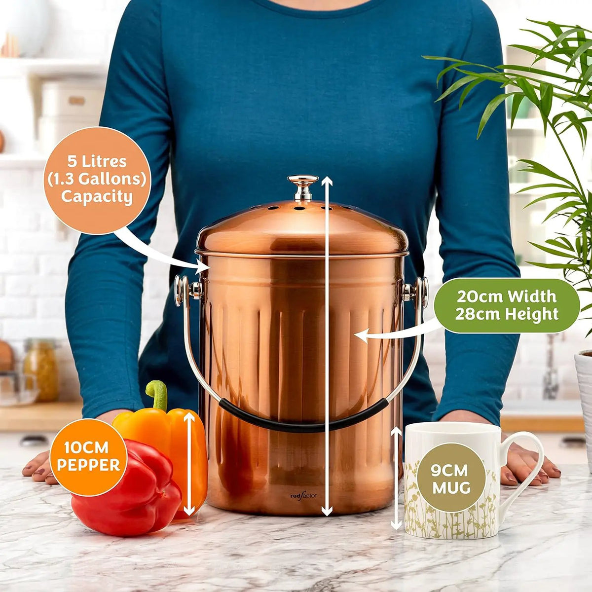 RED FACTOR Premium Compost Bin for Kitchen Countertop - Stainless Steel Food Waste Bucket with Innovative Dual Filter Technology - Includes Spare Filters (Matt Copper, 1.3 Gallon), photo 4 of 6