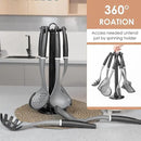 Kitchen Cooking Utensils Set, Non-Stick Spatula Set with Rotating Stand, 6 PCS Silicone Utensils Set for Cooking, 400°F Heat Resistant, Kitchen Gadgets with Nylon Handle & Stable Holder, Dark Grey by CozyNest Decor