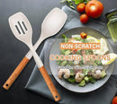 Large Silicone Cooking Spoon Set, 2 Pack Solid Slotted Spoon with Wooden Handle, Nonstick Silicone Kitchen Spoons for Cooking, Heat Resistan Spatula Set for Serving, Basting, Mixing (White) by CozyNest Decor