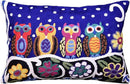 Lumbar Four Owls Decorative Pillow Cover Blue Whimsical Hand Embroidered Wool 14x20 by CozyNest Decor
