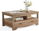 LINSY HOME Farmhouse Coffee Table with Storage, Wood Coffee Table for Living Room, Open Display Area and Storage Drawers with Metal Handles, Chic Style with Curved Base, Brown by CozyNest Decor