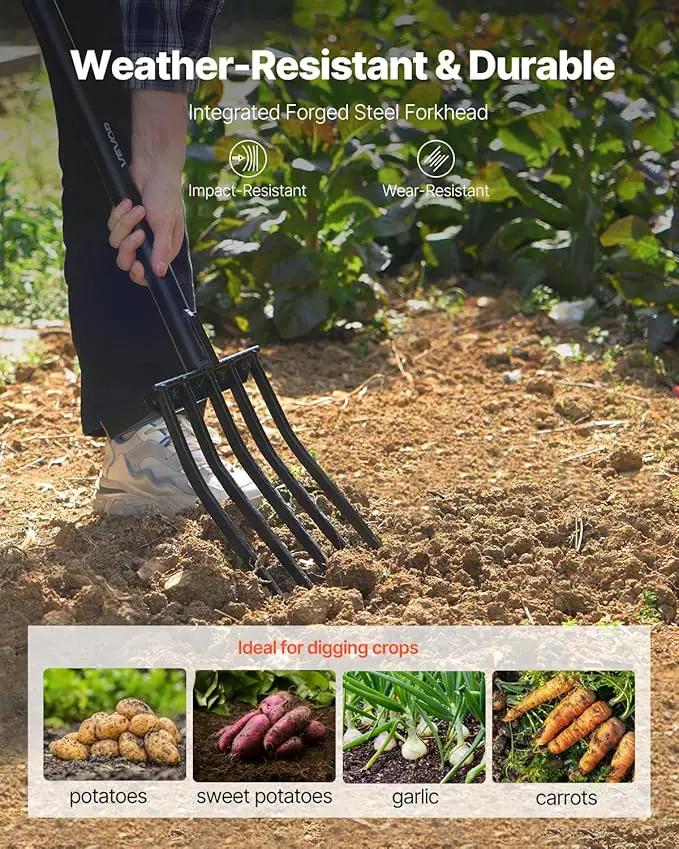 VEVOR Garden Fork, 5-Tine Gardening Pitchfork with Metal Handle, 41 in Heavy Duty Digging Fork with Y Grip, Forged Steel Spading Fork for Hay Potato Composting Transplanting Aeration, photo 2 of 9