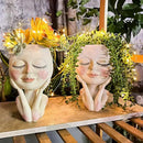 Solar-Face Flower Pot Head Planter Pots - LED String Lights Warterproof Resin Succulent Cactus Planters Pots with Drainage Hole Cute Lady Closed Eyes Indoor Outdoor Garden Decor (Large) by GreenHaven Gardens