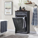 Tilt Out Laundry Hamper Cabinet, 10 Gallon Farmhouse Trash Can Cabinet with Drawer, Hidden Wood Garbage Can Bin Cabinet with Laundry Storage Basket for Bathroom, Kitchen, Dark Grey by CozyNest Decor
