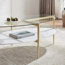 Oval Glass Coffee Table, Mid-Century Modern Design, L43 x W22 x H17 inch, Surfboard Shaped Clear Glass Top and White Marble Finish Wood Shelf, Tapered Legs with Gold Finish Frame by CozyNest Decor