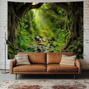 Misty Forest Tree Cave Tapestry Nature Green Tapestry Enchanted Rainforest Tropical Jungle Sunshine Flowing Stream Landscape Wall Tapestries for Living Room Bedroom Dorm Office (50" × 60") by CozyNest Decor