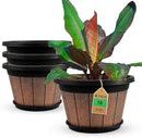 Quarut Large 4 Pack 16 inch Plant Pots,Whiskey Barrel Planters with Drainage Holes & Saucer,Plastic Decoration Flower Pots Retro Design,Planters for Outdoor Indoor Garden Balcony Plants (Brown) by GreenHaven Gardens
