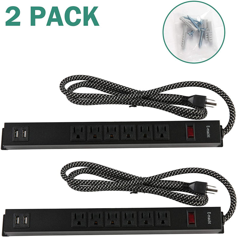 2 Pack Long Power Strip, 6 Metal Power Outlets 2 USB Ports, 6 ft Long Extension Cord with Hook & Loop, Black