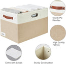 Large Collapsible Fabric Storage Bins with 3 Handles, Foldable Organizer Baskets for Closet, Shelves, Living Room | 3 Pack, Durable PU & Metal Handles (17"x11.8"x11.8", Beige & White) by TinyTreasures Baby Boutique