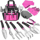 THINKWORK Pink Garden Tools, Gardening Gifts for Women, with 2 in 1 Detachable Storage Bag, Trowel, Transplanter, Rake, Weeder, Cultivator, Purning Shears and 3 Additional Protection Tools by GreenHaven Gardens