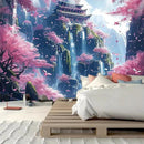FENDROM Japanese Aesthetic Pink Cherry Blossom Tree Tapestry Building On Mountains Waterfall River Fairytale World Asian Art Tapestry for Bedroom Living Room by CozyNest Decor