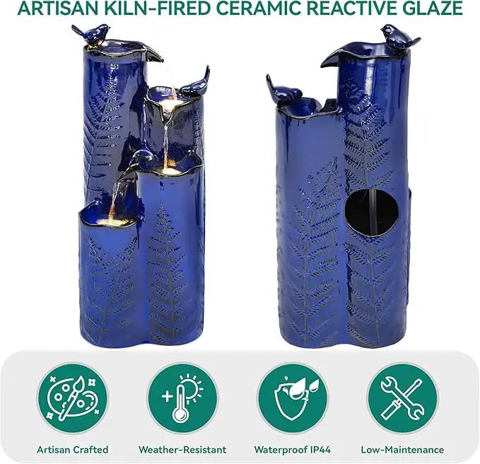 32" H Ceramic Outdoor Water Fountain with LED Lights, 4-Tier Vase Outdoor Fountain, Cobalt Blue Glaze, Embossed Fern Pattern, Cascading Waterfall for Tranquil Garden, Patio, or Porch, photo 6 of 7