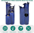 32" H Ceramic Outdoor Water Fountain with LED Lights, 4-Tier Vase Outdoor Fountain, Cobalt Blue Glaze, Embossed Fern Pattern, Cascading Waterfall for Tranquil Garden, Patio, or Porch by GreenHaven Gardens