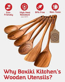 Boxiki Kitchen Luxury Teak Wood Utensil Set - Elegant 6-Piece Cooking Ensemble Including Spoons, Server, Scraper & Spatula - Expertly Crafted for Culinary Excellence by CozyNest Decor