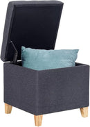 Adeco Fabric Storage Ottoman Bench with Solid Wood Legs, 17.7" Square Dark Grey Cotton Linen Cube Foot Stool, Upholstered Button Tufted Vanity Chair with Hinged Lid for Living Room, Bedroom, Dorm by CozyNest Decor