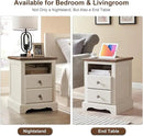 T4TREAM Nightstand with Charging Station, 18 Inch Vintage End Table with 2 Drawers, Wood Rustic Sofa Side Table with Open Storage Shelf for Bedroom, Living Room, Antique White by CozyNest Decor