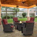 5 Pieces Patio Wicker Furniture Set - 4 Outdoor Swivel Rocker Glider Chairs with 50000BTU Propane Fire Pit Table, Warm Patio Conversation Set Red Cushion Perfect for Casual Gathering by GreenHaven Gardens