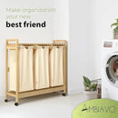 Laundry basket with wheels beige - Large Bamboo Laundry Sorter with Removable Cotton Bags - 3 Section laundry room organization - Durable, Eco-Friendly, and Stylish Storage Solution for Home by CozyNest Decor