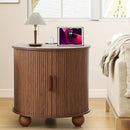Farmhouse Round End Table with Charging Station, 24" Large Fluted Sofa Side Table with Sliding Tambour Door & Storage, Mid-Century Wood Nightstand for Living Room, Bedroom (Walnut) by CozyNest Decor