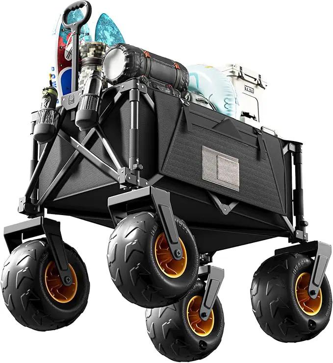 DXZ Beach Wagon Cart with Big Wheels for Sand – Folding Collapsible Wagon, Heavy Duty Wagons Carts Foldable for Beach, Camping, Outdoor Gear, Easy Setup Black Yellow