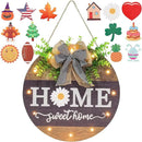 Interchangeable Welcome Sign for Front Door with 14 Changeable Icons, Farmhouse Front Porch Decor Rustic Wooden Wall Sign with 12 LED Lights, Outdoor Seasonal Welcome Home Decorations (Wood home1) by CozyNest Decor