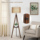 Boho Tripod Floor Lamp with Shelves, Mid Century Wood Standing Lamp with Rattan & Fabric Shades, ON/Off Foot Switch, Modern Farmhouse Tall Floor Lamps for Living Room Bedroom Office by CozyNest Decor