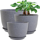 12/10/9 Large Modern Plant Pots, Plastic Planters with Drainage Holes and Saucers for Indoor Outdoor Plants Flowers, Grey Speckles by GreenHaven Gardens