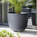 WORTH Garden Round Large Planter Pot Set of 2-17.5" Dia x 15.5" H - Durable Plastic Grey Plant Tree Pots with Vertical Stripe Textured Finish, Drainage Hole for Indoor, Outdoor, Front Porch, Patio by GreenHaven Gardens