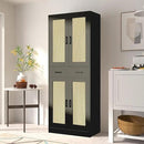 71" Tall Black & Rattan Pantry Cabinet - Boho Chic Kitchen Storage with Doors & Drawer for Dining Room, Hallway or Kitchen Organization by CozyNest Decor