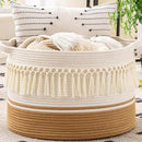 KAKAMAY Large Blanket Basket (20"x13"),Woven Baskets for storage Baby Laundry Hamper, Cotton Rope Blanket Basket for Living Room, Laundry, Nursery, Pillows, Baby Toy chest (White Fringe) by GreenHaven Gardens