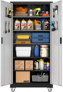 Aobabo 71" H×32" W×16" D Metal Storage Cabinet with Wheels, Garage Steel Storage Cabinet with 5 Adjustable Shelves and 4 Hooks for Home Office,Kitchen, Black Silver,Assembly Required by GreenHaven Gardens