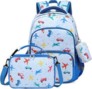 mygreen 3PCS Kids Backpack Set - Waterproof Bookbag with Lunch Box for Boys Ages 3-12, Adorable Cartoon Prints for School & Outdoor Use Light Blue Airplane by TinyTreasures Baby Boutique