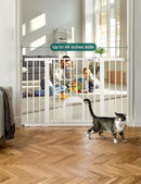 Babelio 29-48" Extra Wide Baby Gate with Adjustable Cat Door,Easy Install Pressure/Hardware Mounted,Auto Close Pet door for Stairs,House,Doorways,Effortless Walk Thru,White by TinyTreasures Baby Boutique