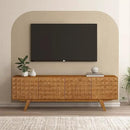 NTC Sapa Mid-Century Modern Solid Wood TV Stand 4-Door Media Console with Carved Geometric Fronts for TVs up to 75", Effortless Assembly, Teak Look by CozyNest Decor