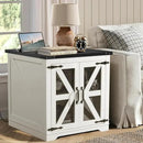 Farmhouse End Table, 24" Large Sofa Side Table with Charging Station, Mesh Barn Door, White Nightstand with Adjustable Storage Shelf, Square Nightstand for Living Room, Bedroom, Office by CozyNest Decor