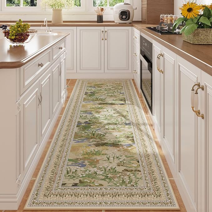 Runner Rug Impressionist-Style Vintage Kitchen Rugs Non Slip Washable Soft Carpet Runner for Kitchen Laundry Bedroom Bathroom, Beige by TinyTreasures Baby Boutique