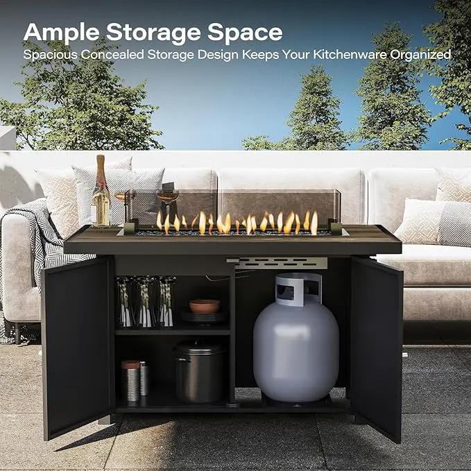 LAUSAINT HOME Propane Fire Pit Table 43 Inch with Lid, 55,000 BTU Gas Fire Pits for Outside Patio with Glass Wind Guard, Gray Glass Beads, photo 6 of 7