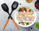 Large Silicone Cooking Spoon Set, 2 Pack Solid Slotted Spoon with Wooden Handle, Nonstick Silicone Kitchen Spoons for Cooking, Heat Resistan Spatula Set for Serving, Basting, Mixing (Black) by CozyNest Decor