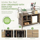 Wicker Outdoor Bar Cart with Ice Bucket, Patio Bar Table with 2 Ratten Doors Cabinet and Casters for Grill, Kitchen and Garden,Beige by CozyNest Decor