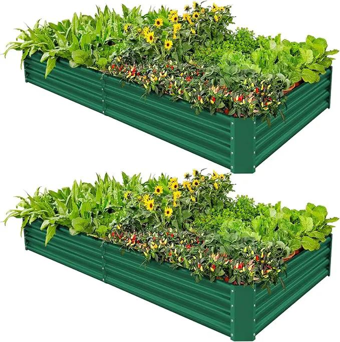 Land Guard 2 Pack 8×4×1ft Galvanized Metal Raised Garden Bed, Metal Planter Kit Box Outdoor for Deep-Rooted Vegetables, Flowers, Green and Herbs (Green)