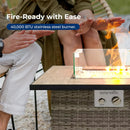 SereneLife Outdoor Propane Fire Pit Table - CSA/ETL Certified Safe 50,000 BTU Pulse Ignition Weatherproof Square Wicker Propane Gas Fire Table w/Tile Tabletop Adjustable Flame - Glass Rocks by GreenHaven Gardens