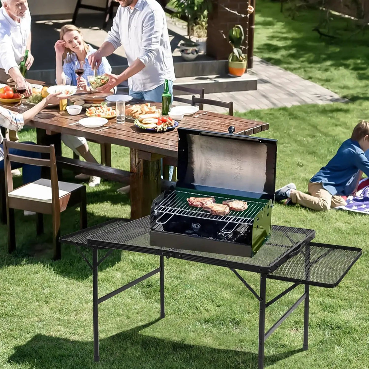 Folding Grill 4.4 FT Portable Camping Table with 2 Wing Panels, Height Adjustable Metal Outdoor Table with Mesh Desktop and Mesh Bag, Picnic, Beach and BBQ, Party, Black, photo 2 of 6