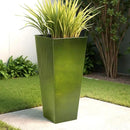 WORTH Garden 25" Large Metal Glazed Planter Set of 2, Luxurious Glossy Finish Green Tall Square Tapered Steel Plant Pots, Decor Flower Pot Indoor & Outdoor, Drainage Hole & Dual-Purpose Plant Saucer by GreenHaven Gardens