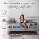 dadada Muse Blue Toddler Bed with 2 Removable Safety Rails. Low Profile Montessori Bed. Sturdy Solid Wood Frame, Fits Standard Crib Mattress, Easy to Assemble, Toddler Bed for Boys & Girls - Blue by TinyTreasures Baby Boutique